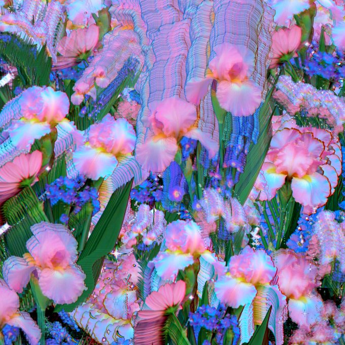A vibrant, psychedelic digital artwork featuring pink and blue irises or orchids with a mirrored, kaleidoscopic effect, accented with green leaves and glittery textures.
