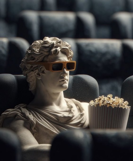 A marble statue resembling classical Greek sculpture wears modern orange sunglasses and holds a striped container of popcorn while sitting in a dark movie theater.