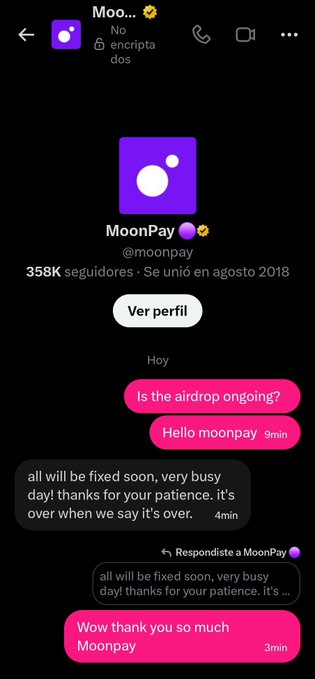 A Twitter/X DM conversation with MoonPay (@moonpay) showing the user asking about an airdrop, to which MoonPay replies that "all will be fixed soon, very busy day! thanks for your patience," followed by the user thanking them. The screenshot illustrates the post's claim that MoonPay is actively communicating with users and working to resolve issues.