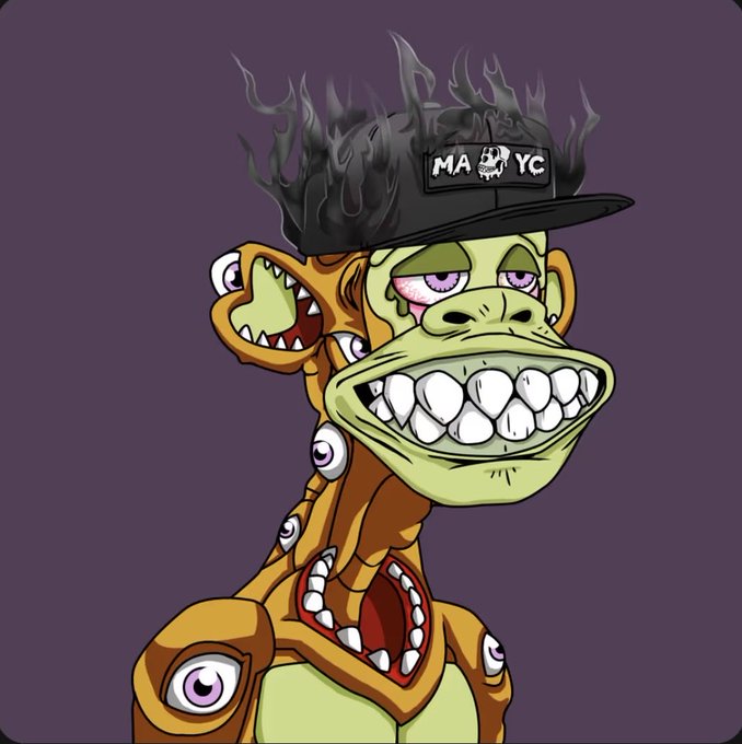 A cartoon illustration of a grotesque monkey wearing a flaming black 'MAYC' cap with a wide, toothy grin, referencing the Mutant Ape Yacht Club NFT collection.