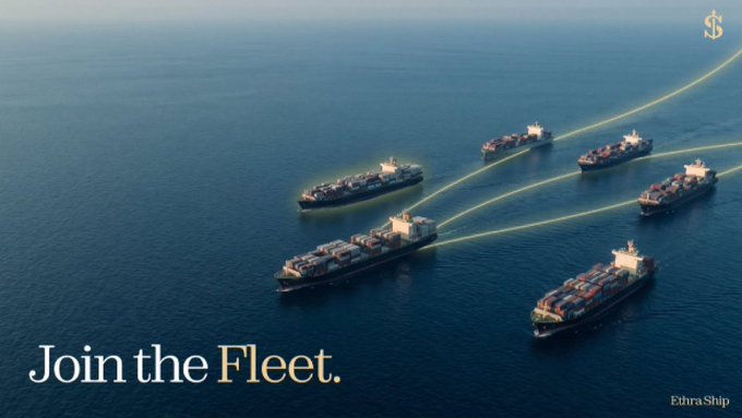 An aerial advertisement showing a fleet of cargo ships on the ocean with glowing paths, featuring the text "Join the Fleet." and the "EthraShip" logo.