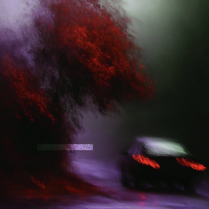 A dark, moody digital painting depicts a car with glowing red headlights driving along a misty road at night, with an abstract red and purple tree-like form looming above, visually echoing the dramatic, ethereal atmosphere of the AI Journal artwork "Day 117."