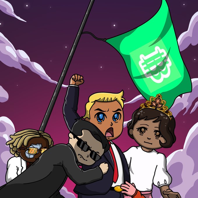 An animated cartoon illustration features four stylized characters, including a blonde figure raising a fist, standing before a large green flag with a shopping cart logo against a purple starry sky.