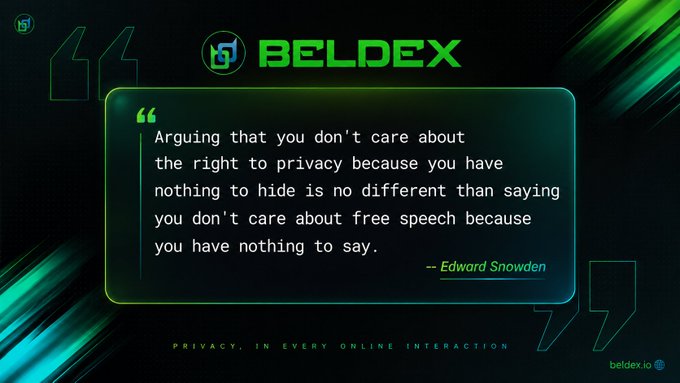 A Beldex advertisement displays an Edward Snowden quote about privacy and free speech on a dark green background with the tagline 'PRIVACY, IN EVERY ONLINE INTERACTION'.