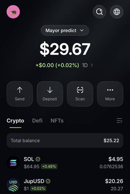 The image shows a screenshot of a mobile device screen displaying information about a cryptocurrency trading app called @jup_predict. The app allows users to predict the value of Bitcoin, based on historical data. There are three different cryptocurrencies listed on the app's interface, including Bitcoin and other options like USDC. The app also provides information about the current balance in USDC and the total balance available for trading. Additionally, there is a message from @jup_portfolio that says "deposited $30 into my Jupiter wallet ready to predict on @jup_predict Mission: turn it into $300 before the end of the World Cup group stages Time to make use of my elite ball knowledge... wish me luck Track your wallet assets and all predictions with @jup_portfolio".