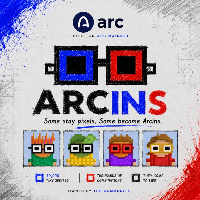 A promotional graphic for "ARCINS" on the ARC Mainnet by @arc, featuring pixel-art characters and text highlighting "10,000 Tiny Sprites," "Thousands of Combinations," and the tagline "Some stay pixels, Some become Arcins." The image supports a giveaway post offering 10 guaranteed spots for the ARCINS mint on Sep 16 at 0.5 USDC (public: 1 USDC), with entry requiring follows to @kr_dongsu and @Arcins__, an EVM wallet drop, and engagement on the post.