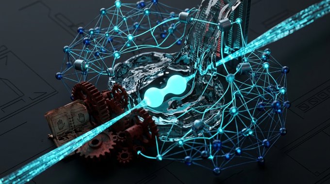 A 3D rendering featuring an abstract sphere made of glowing cyan nodes and connecting lines, surrounding a mechanical core with rusty gears and a central glowing shape, set against a dark background with glowing data streams.