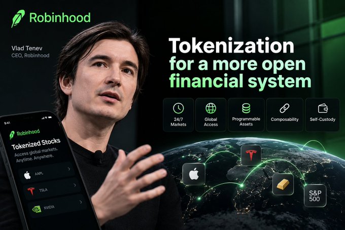 A promotional graphic featuring Robinhood CEO Vlad Tenev with the headline 'Tokenization for a more open financial system,' showing a phone displaying tokenized stocks (AAPL, TSLA, NVDA) and icons for Apple, Tesla, gold, and S&P 500.