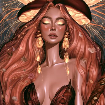A fantasy digital artwork featuring a serene woman with flowing copper-orange hair, glowing golden eyes, and nature-inspired adornments including leaves and chrysalis-like earrings, complemented by a mushroom-like headpiece. The ethereal, organic aesthetic with its warm earth tones and luminous details aligns well with the artist's nature-themed creative bookmarks shared under #tezostuesday.