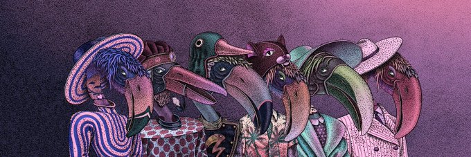 A stylized illustration of several anthropomorphic toucans and birds dressed in various hats and clothing against a purple gradient background.