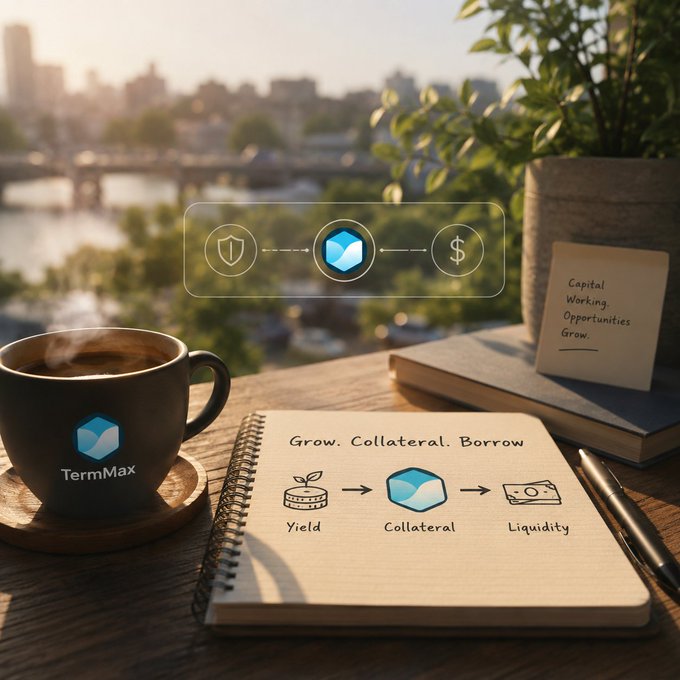 A promotional image for 'TermMax' shows a coffee cup, notebook, and graphics explaining a financial process involving yield, collateral, and liquidity against a city skyline.