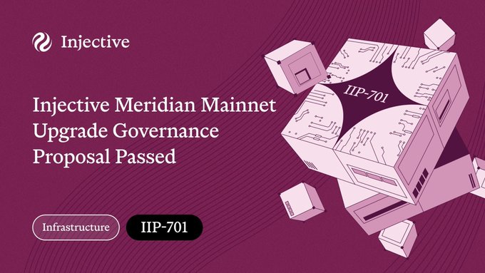 An Injective (INJ) announcement graphic featuring the Injective logo and the headline "Injective Meridian Mainnet Upgrade Governance Proposal Passed," tagged with "Infrastructure" and "IIP-701," alongside a stylized illustration of a segmented cube labeled "IIP-701." The image visually reinforces the post's announcement that the IIP-701 proposal to upgrade the Meridian Mainnet has been approved, paving the way for new features like institutional-grade RWAs and the CypherOS privacy platform.