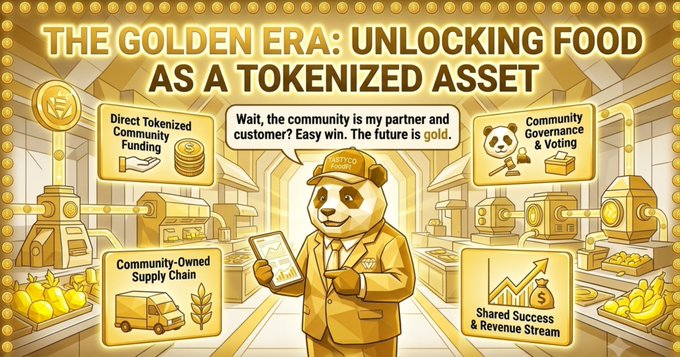 A golden-themed illustration titled "THE GOLDEN ERA: UNLOCKING FOOD AS A TOKENIZED ASSET" features an anthropomorphic dog wearing a "TastyCo" hardhat, surrounded by feature highlights including "Direct Tokenized Community Funding," "Community Governance & Voting," "Community-Owned Supply Chain," and "Shared Success & Revenue Stream." The image visualizes the concept mentioned in the post—tokenizing real-world restaurant revenue onchain via TastyCo—using playful food mascot imagery and golden accents to symbolize the "golden era" of community-driven food economics.