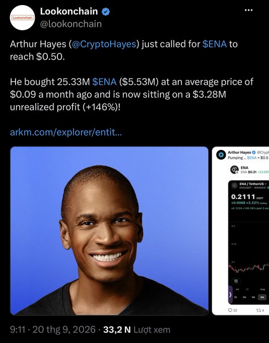 A tweet from Lookonchain discussing Arthur Hayes (@CryptoHayes) predicting $ENA to reach $0.50, noting his $5.53M purchase and $3.28M unrealized profit.