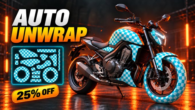 A promotional image for the "Auto Unwrap" Blender add-on features a motorcycle covered in a blue and white checkered unwrap texture pattern, with a smaller inset showing the add-on's interface. A "25% OFF" badge and the superlativemarket.com link highlight the product's release and discount offer, aligning with the post announcing the add-on's availability.