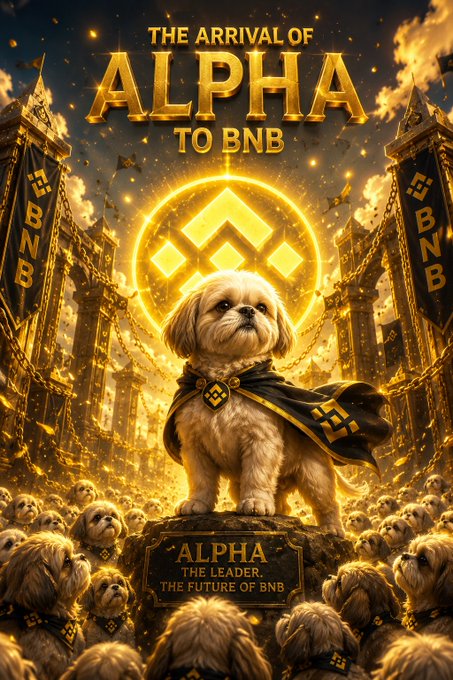 A dramatic poster reading 'THE ARRIVAL OF ALPHA TO BNB' showing a fluffy white dog in a cape standing on a pedestal surrounded by other dogs, with the caption 'ALPHA THE LEADER. THE FUTURE OF BNB'.