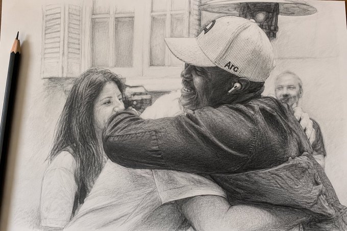 A detailed pencil sketch drawing depicting an emotional scene of a man wearing an 'Arc' baseball cap embracing a woman, with another person visible in the background.