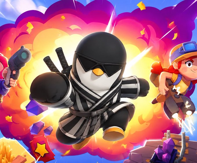 Promotional artwork for the mobile game Brawl Stars featuring a ninja character in black with two swords leaping forward amid an explosion, with another character firing a gun and a third character with jetpack visible in the background.