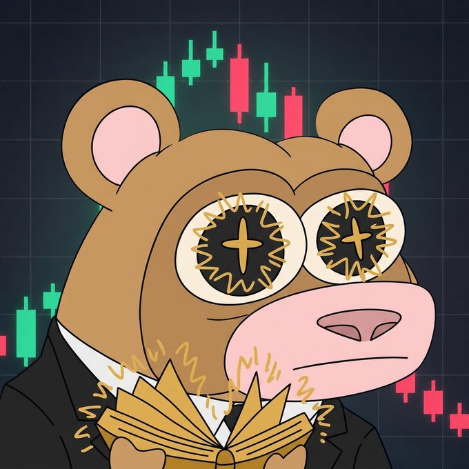 An illustration of a brown bear character with pink cheeks wearing dollar-sign sunglasses and a suit, counting stacks of money with a candlestick stock chart in the background.