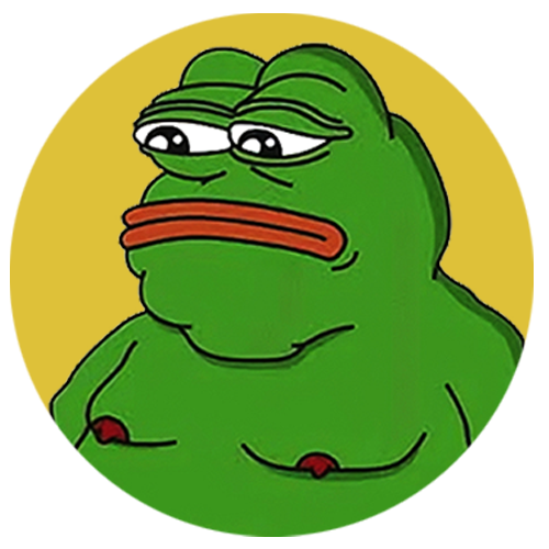 A cartoon illustration of a sad-looking green frog character (Pepe) with droopy eyes and a frowning red mouth, shown from the chest up against a yellow circular background.