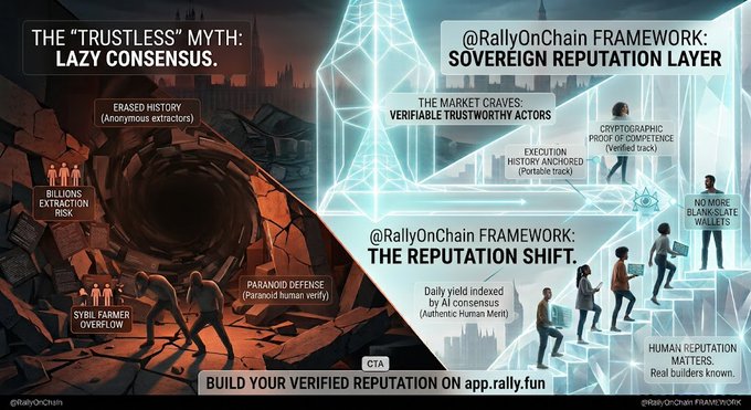 A promotional graphic for '@RallyOnChain FRAMEWORK' advertising it as a 'SOVEREIGN REPUTATION LAYER' that provides 'VERIFIABLE TRUSTWORTHY ACTORS' and 'CRYPTOGRAPHIC PROOF OF COMPETENCE', with a CTA to 'BUILD YOUR VERIFIED REPUTATION ON app.rally.fun'.