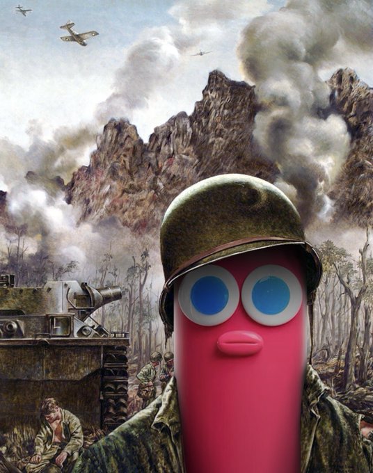 A surreal image combining a World War II battle scene with tanks and aircraft over a mountainous landscape, featuring a pink cartoonish character with googly eyes wearing a soldier's helmet and uniform in the foreground.
