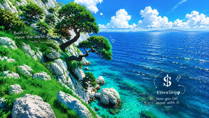 A vibrant coastal landscape with pine trees and turquoise water features the text 'Built to move the world' on the left and 'EthraShip - Now you can move with it' alongside an 'S' dollar sign logo on the right.