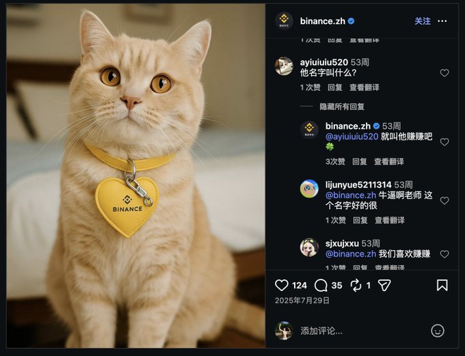This image shows a cat wearing a yellow heart-shaped tag with the Binance logo and name, captioned by "binance.zh" and accompanied by comments discussing the cat's name, "Zuan Zuan".