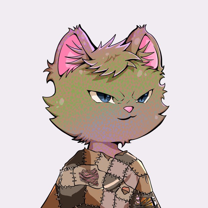 A cartoonish anthropomorphic cat character with a patched, stitched appearance and a grumpy expression is shown as the #790 "Mortals" NFT that sold for 0.15 ETH. The image serves as the digital collectible artwork associated with the recent sale.