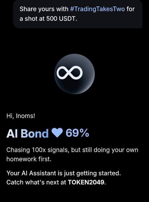 A dark-themed mobile app screen reading 'Hi, Inoms! AI Bond 💙 69% — Chasing 100x signals, but still doing your own homework first. Your AI Assistant is just getting started. Catch what's next at TOKEN2049,' with a prompt to share via #TradingTakesTwo.