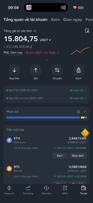 A screenshot of a cryptocurrency wallet app in Vietnamese showing a total asset value of "15.804,75 USDT", along with holdings in "ETH" (Ethereum) at "2,84673365" and "BTC" (Bitcoin) at "0,08874866".