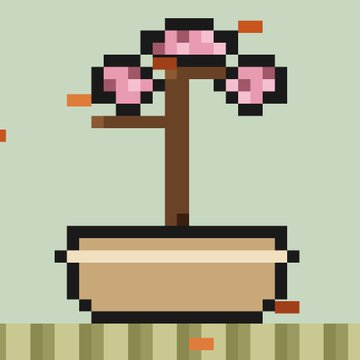 Pixel art illustration of a potted bonsai tree with pink blossoms against a light green background.