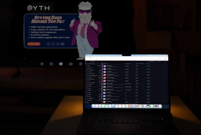 A computer screen displays a spreadsheet with column titles and rows of data. The laptop has a browser tab open which shows a webpage named "pyth" with text related to Cryptocurrency, Data Privacy, or Bitcoin transactions.