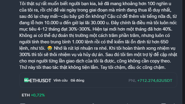 A screenshot of a Vietnamese text passage discussing crypto trading results, with a row showing 'ETH-USDT' at a PNL of '+712.274,62 USDT' and ETH up 0.72%.