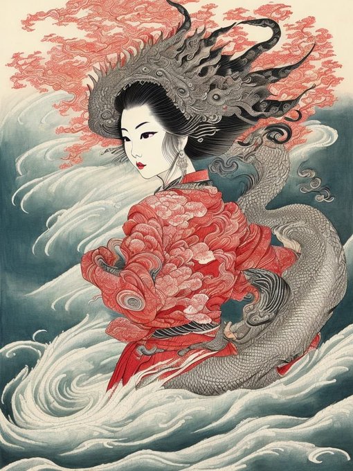 An artistic illustration depicts a pale-skinned woman in an ornate red floral garment surrounded by swirling waves and a dragon.