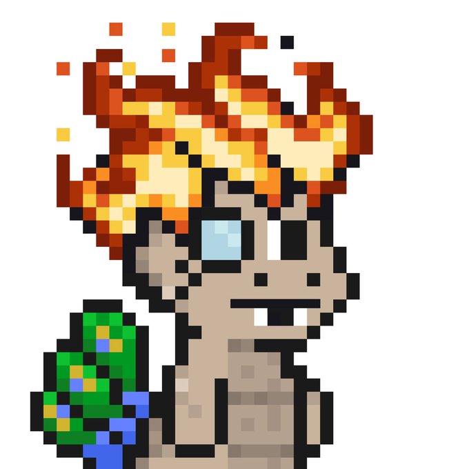 A pixel art illustration depicts a character with wild orange and yellow hair, a single glowing blue eye, a wide toothy grin, and a green and blue patterned shoulder.
