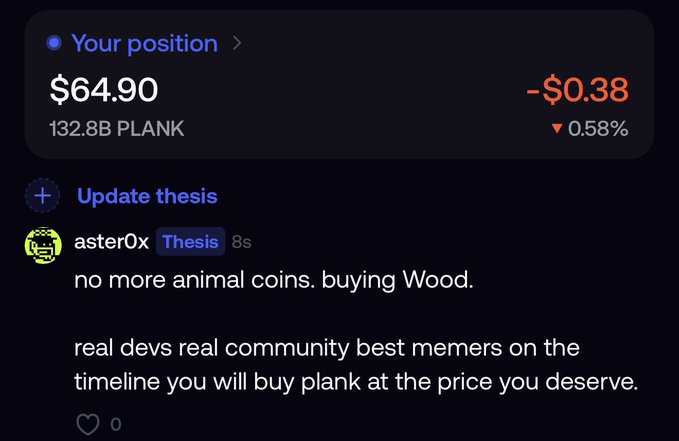Mobile app interface showing a portfolio position of $64.90 (132.8B PLANK) with a loss of -$0.38 (0.58%), including a post from 'asterOx' that reads 'no more animal coins. buying Wood. real devs real community best memers on the timeline you will buy plank at the price you deserve.'