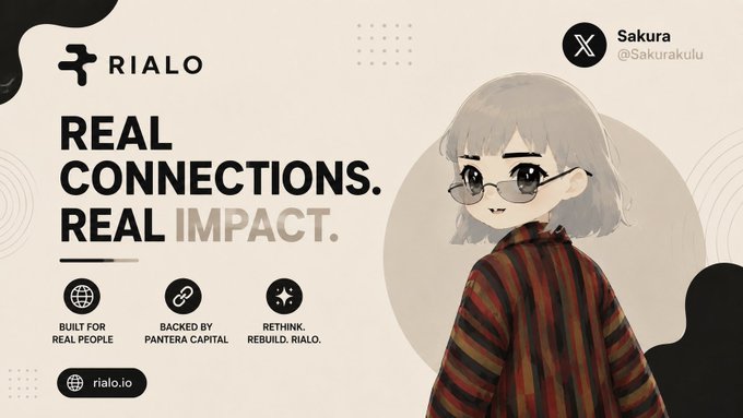 A promotional graphic for RIALO featuring the headline 'REAL CONNECTIONS. REAL IMPACT.' alongside an anime-style character avatar labeled 'Sakura @Sakurakulu' and bullet points for 'BUILT FOR REAL PEOPLE', 'BACKED BY PANTERA CAPITAL', and 'RETHINK. REBUILD. RIALO.' with the URL rialo.io.