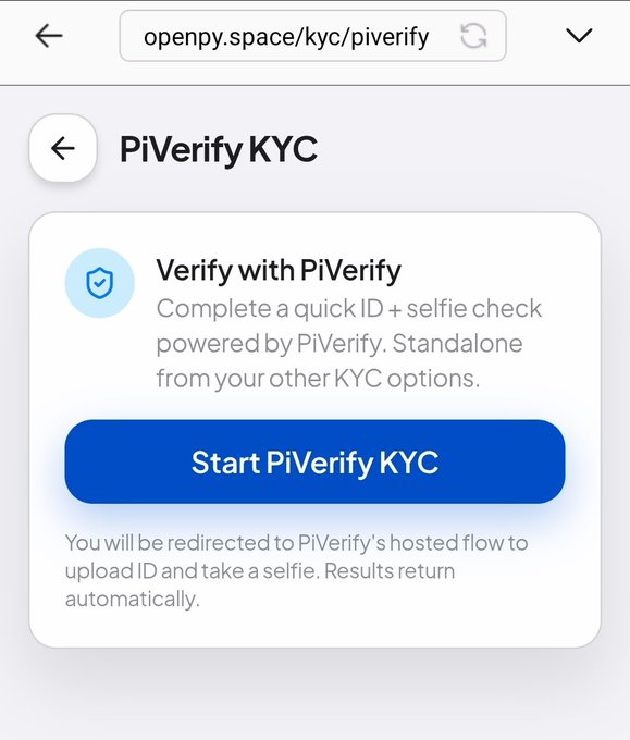 A mobile screen showing the OpenPay PiVerify KYC page at openpy.space/kyc/piverify with a "Start PiVerify KYC" button, illustrating the automated identity verification option for Pi Network pioneers referenced in the post.