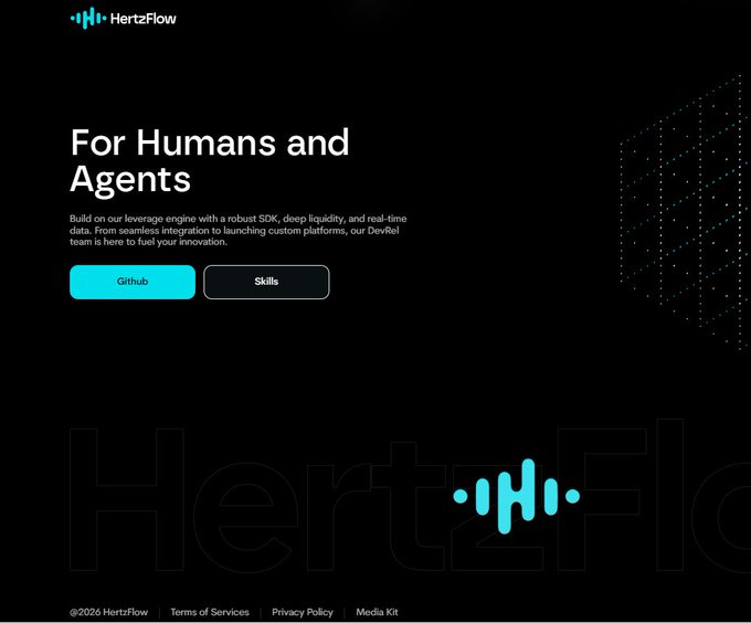 The HertzFlow website homepage with the headline 'For Humans and Agents' and a tagline about their leverage engine with robust SDK, deep liquidity, and real-time data, featuring Github and Skills buttons.