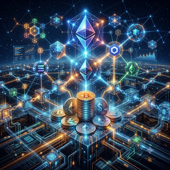 A vibrant digital illustration showcases stacks of cryptocurrency coins—featuring Bitcoin, Ethereum, Solana, and others—surrounded by glowing blockchain networks, holographic data charts, and geometric shapes against a cosmic backdrop. The imagery visually amplifies the meme supercycle price predictions, evoking the decentralized, high-tech optimism fueling these bold crypto forecasts.