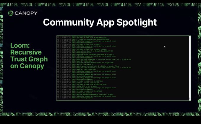 A promotional slide titled "Community App Spotlight" featuring the Canopy logo, highlighting "Loom: Recursive Trust Graph on Canopy" alongside a terminal window displaying block processing logs with timestamps and messages like "validate a proposal block" and "handle ecrecover sig."
