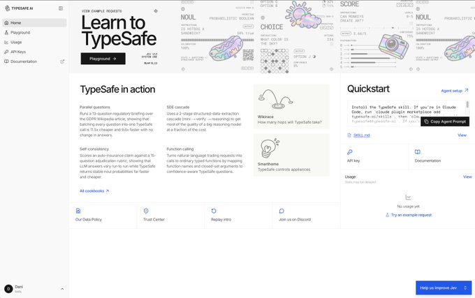 A screenshot of the Typesafe AI website homepage featuring 'Learn to Typesafe' and 'Typesafe in action' sections alongside technical UI elements.