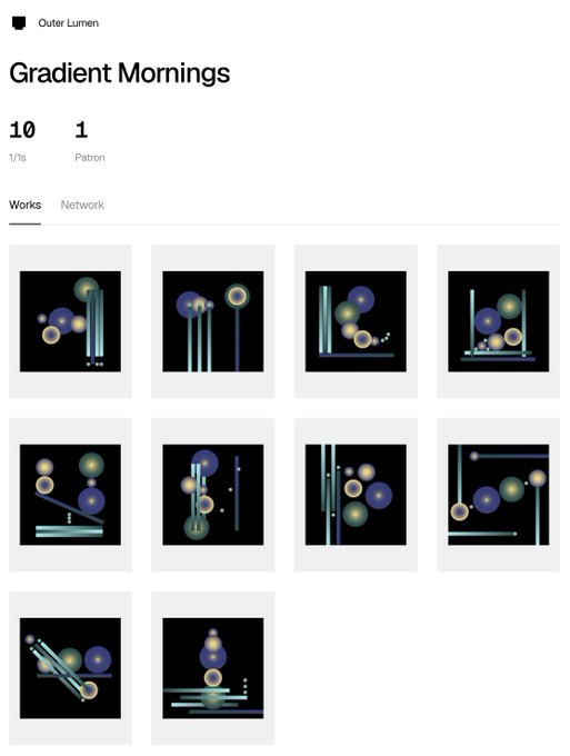 A webpage from 'Outer Lumen' titled 'Gradient Mornings' showing statistics '10 1/s' and '1 Patron' above a gallery of 10 abstract digital artworks featuring gradient spheres and geometric lines on black backgrounds.