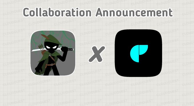 A 'Collaboration Announcement' graphic on a gray grid background showing an archer/hunter character alongside a black app icon with a teal 'P' logo, branded with 'CLOUDQUEST' watermarks.
