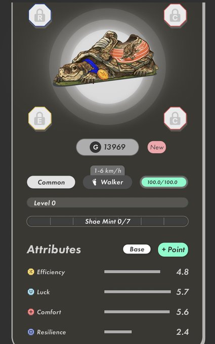 A sneaker NFT details screen showing a 'Walker' Common shoe (G 13969) with stats including Efficiency 4.8, Luck 5.7, Comfort 5.6, and Resilience 2.4.
