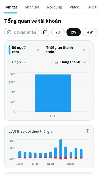 Vietnamese YouTube Analytics dashboard showing 'Tổng quan về tài khoản' (Account Overview) for a 2-week period, with a viewer count chart peaking around Jul 15 and a subscriber change bar chart from Jul 15-25.
