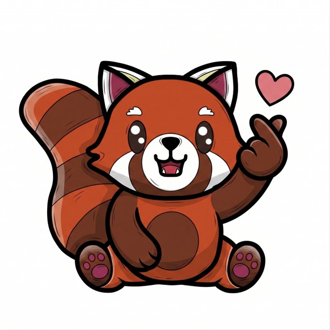 A cartoon illustration of a smiling red panda waving, with a pink heart floating next to it.