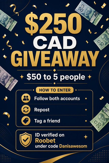 A promotional graphic for a “$250 CAD GIVEAWAY,” awarding “$50 to 5 people.” It asks entrants to follow both accounts (@danis_awesom), repost, tag a friend, and be ID verified on Roobet using code “Danisawesom,” with winners selected over the next three days.