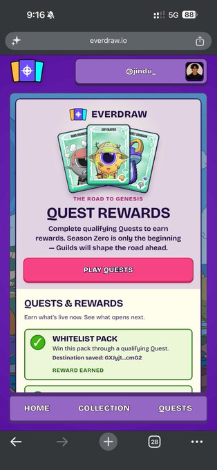 A mobile screenshot of the everdraw.io website displaying "QUEST REWARDS" with options to "PLAY QUESTS" and showing a "WHITELIST PACK" reward earned by user "@jindu_".